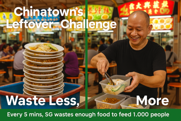 Chinatown hawker leftovers consumption: A split-image showing food waste vs. sustainable takeaway practices in Singapore.